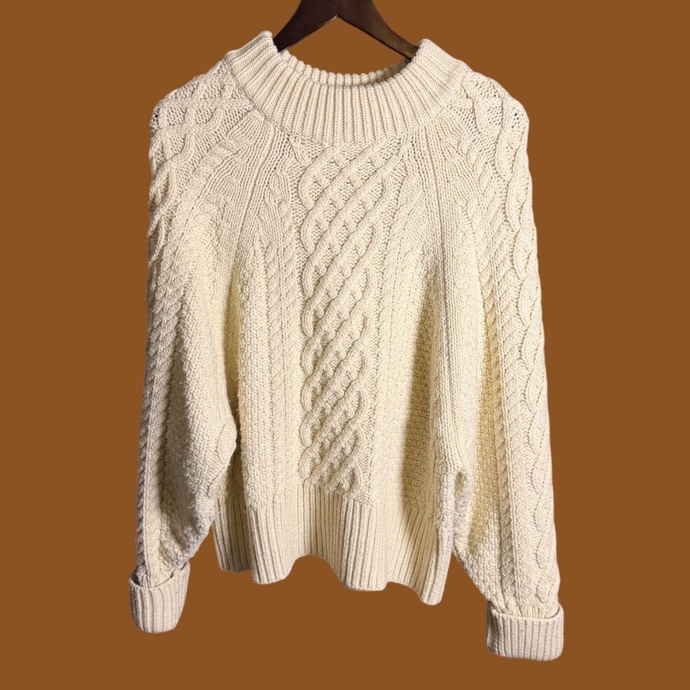 Cliche Cream Chunky Cable‎ Knit Sweater XL Boxy Drop Shoulder Crew Neck Ivory